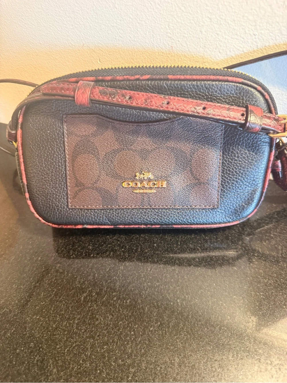 Coach Brown Signature Crossbody with Black Pebbled Leather and Red Trim